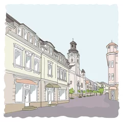 Fototapete Gezeichnetes Straßencafé Straße in der Altstadt. Vektor-Illustration.