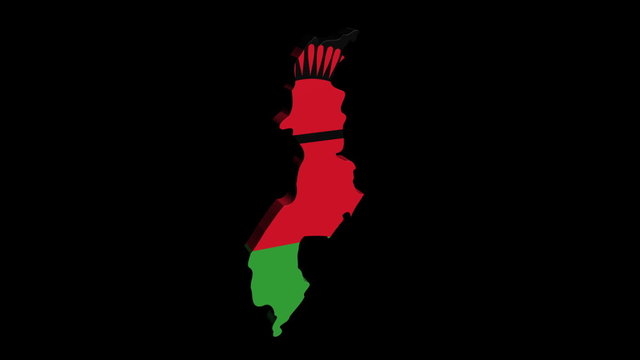 Malawi map flag rotating on black animation