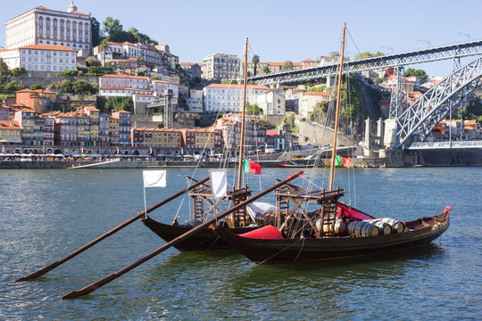 Porto city, two "Rebelo" Boats in the river Douro
