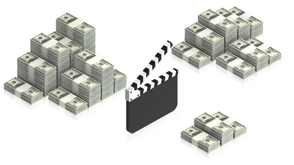 clapperboard with paper dollars