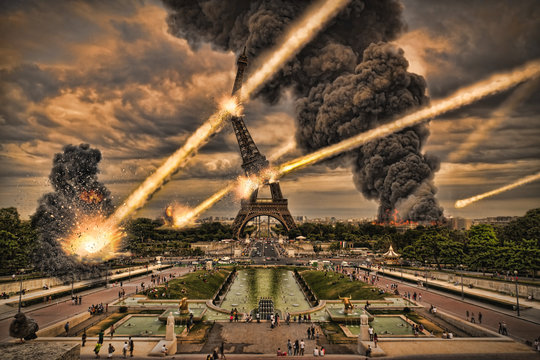 Meteorite shower over paris, destroying the Eiffel Tower