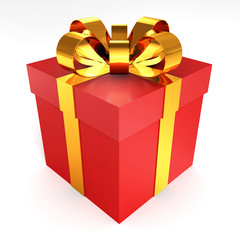 Red gift with gold ribbon bowon white background