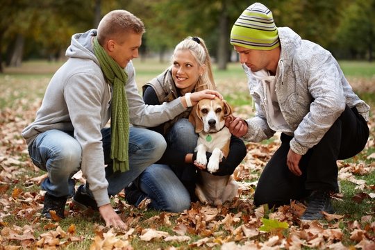 Young people and dog in autumn park