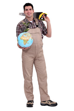 Carpenter holding a globe