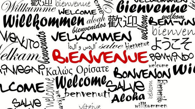 Bienvenue traduction international nuage de mots noir vid&eacute;o