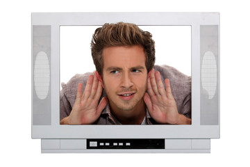 Man stuck in a television screen and struggling to hear