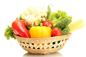 Fresh vegetables in basket isolated on white