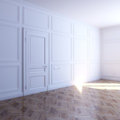 new white room with parquet flooring in the sun