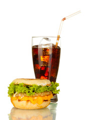 tasty sandwich and glass with cola, isolated on white