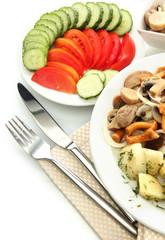 Roast chicken cutlet with boiled potatoes and  mushrooms