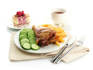 Roast chicken cutlet with boiled potatoes and  vegetables, cup