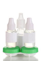 Eye drops and lenses isolated on white