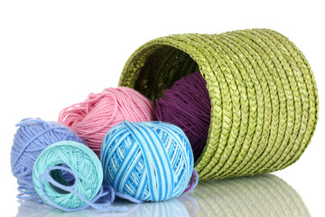 Colorful yarn for knitting in green basket isolated on white