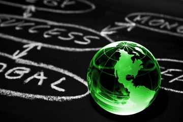 Flowchart on a chalk board. World globe.