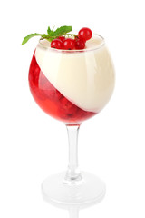 fruit jelly with chocolate and berries in glass isolated