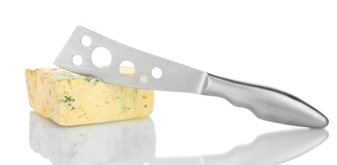 Cheese with mold and knife isolated on white background