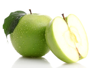 Ripe green apple with leaf and half, isolated on white