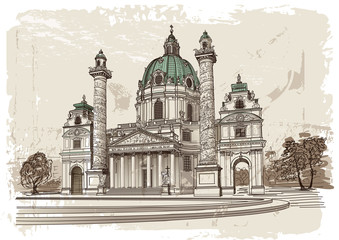 Vector drawing of Karlskirche in Vienna, Austria