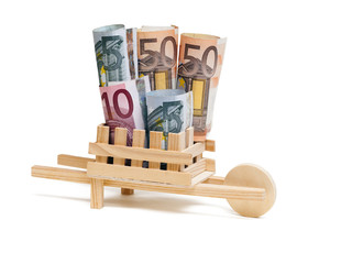 Geld, Holz, Holz-Schubkarre mit Scheine