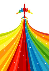 Background with rainbow airplane. Vector illustration.