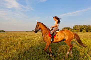 Beautiful girl riding a horse in countryside.