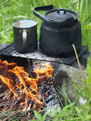 Teapot and kettle on a fire in the summer