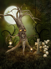 Potworne drzewo na cmentarzu z czaszkami