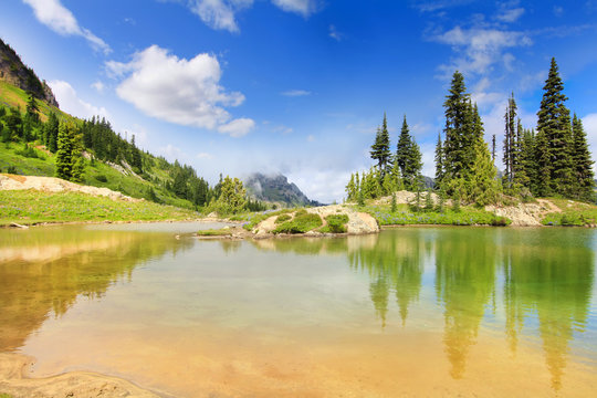Amazing mountain lake with bright green color