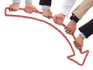 Hands holding red arrow pointing downwards