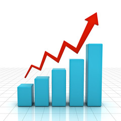 Red rising arrow over business graph on white