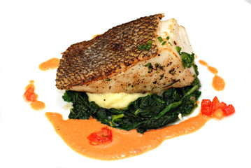 Grilled sea bass steak with Spinach salad and Mashed potatoes