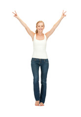 girl in blank white t-shirt showing victory sign