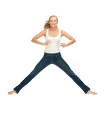 jumping teenage girl in blank white t-shirt