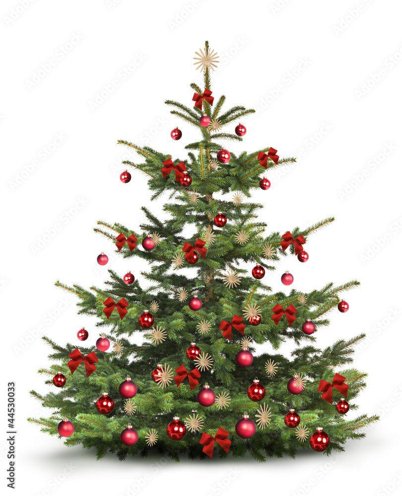 Poster weihnachtsbaum mit rotem christbaumschmuck