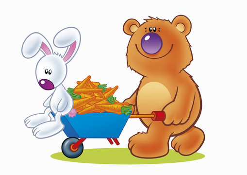 bear pushing wheelbarrow with carrots and bunny clip art preview