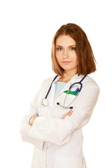 Fototapeta premium Happy young nurse standing isolated isolated on white background