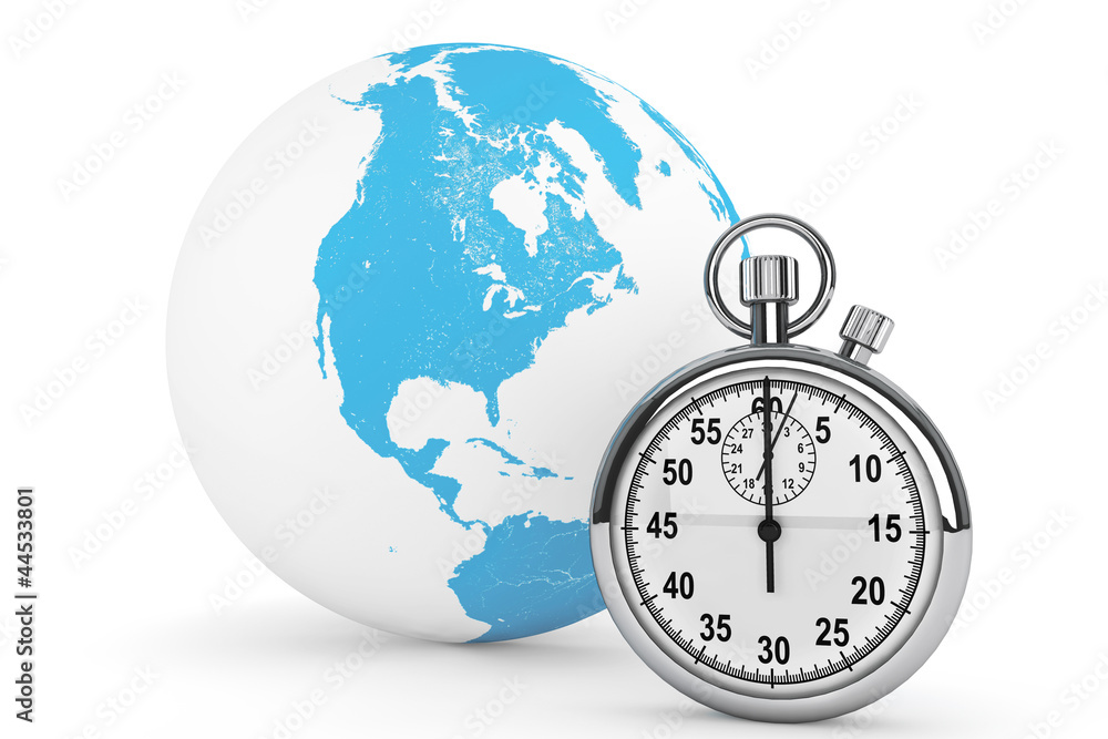 Poster fast delivery concept. stopwatch with globe