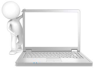 3D little human character Showing a Steel Laptop. Copy Space.