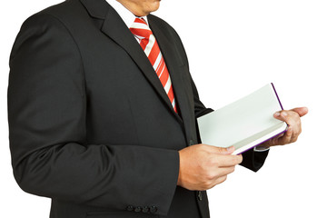 Businessman with a blank book isolated on white background