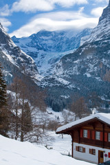 Hotel near the Grindelwald ski area. Swiss alps at winter