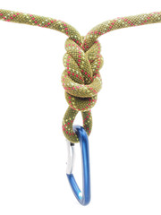 climbing rope and a carabiner on a white background