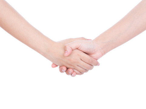 Closeup picture of woman shaking hands isolated on white backgro