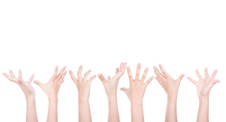 Group of Hands reaching for something isolated on white backgrou