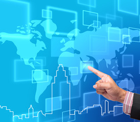 Hand pushing button on a touch screen interface