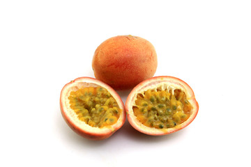 Half of passion fruit on white background