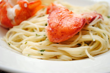 Chunks of Fresh Lobster on a Dish of Spaghetti