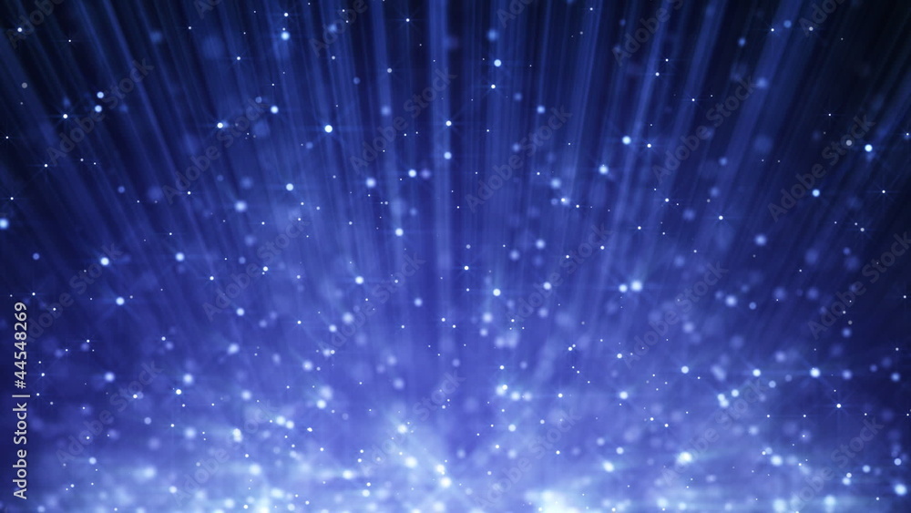 Poster blue loop light beams and rising blinking particles