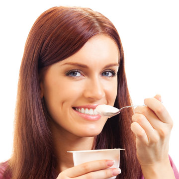 Cheerful Woman Eating Yoghurt, Over White