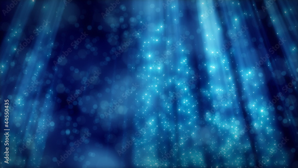 Poster blue loopable background flying particles in light beams