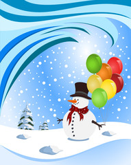 Happy snowman holding colorful balloons. Illustration